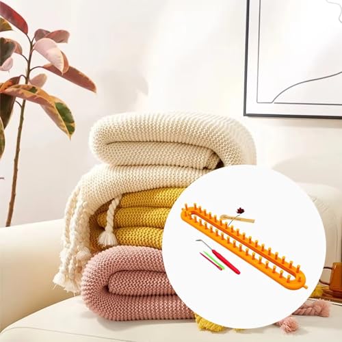 Rectangle Knitting Looms，Plastic Weaving Looms Set，Weaving Loom，Scarf Hats Making Tools，DIY Crocheting Handmade Craft Kit with a Crochet Hook and Needle for Knitting Lovers，36 cm (Yellow) - size: Rectangle,36cm,Sparse Pegs