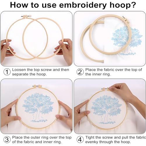 Sivilife Embroidery Starter Kit for Beginners, 4 Sets Stamped Cross Stitch Kits for Adult, Seasonal Tree Pattern Hand DIY Kits with 2 Embroidery Hoop Instructions Color Threads Needles and Scissor