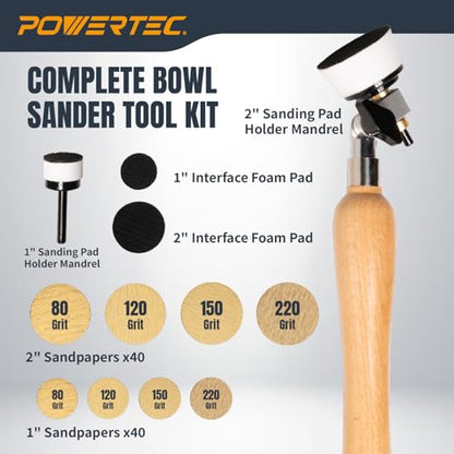 POWERTEC Bowl Sander Tool Kit with Double Bearing Holder and 1" & 2" Hook & Loop Sanding Discs | 1/4" Mandrels, Adjustable Head, 80 Sanding Pads of Each Size - 80/120/150/220 Grits (72233) - style: Bowl Sander Tool Kit