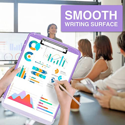 Sooez Glitter Clipboard with Storage, High Capacity Clip Boards 8.5x11 with Pen Holder, Cute Clipboards with Low Profile Clip, Sparkle Plastic Organizer Case Box for Women & Kids, Side Opening - color: Glitter Purple