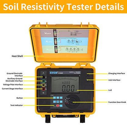 ETCR3100C Digital Soil Resistivity Tester 4‑Digit LCD Earth Ground Meter IP65 Supports 2, 3 and 4‑Wire US AC 100‑240V 0.00-30.00kΩ/0.00Ωm‑900kΩm