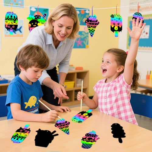 JULMELON 36PCS Summer Crafts for Kids, Ice Cream Scratch Art Party Favors - style: Summer Crafts