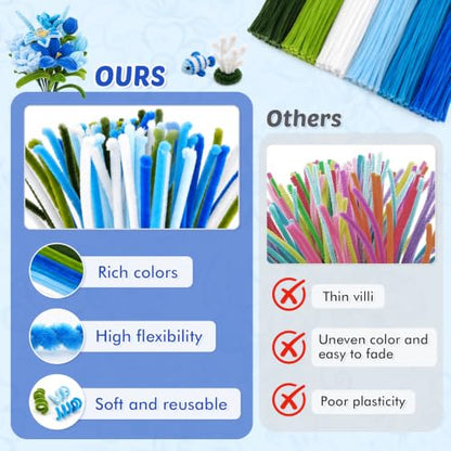 Anyeve Pipe Cleaners Flower Kit, 1800 PCS Pipe Cleaners Craft for 6 Color, Easy to Bend and Fold, with a High Plush Density, Has Hot Melt Glue,Sturdy and Durable, for DIY Crafts and Bouquet Making - color: 1800PCS-Blue
