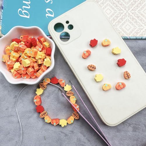 Polymer Clay Fall Pumpkin Maple Loose Spacer Beads, 10mm Thanksgiving Autumn Maple Leaves Pumpkin Beads Charms for DIY Hair Clip Necklace Bracelet Jewelry Earring Handmade Craft Making - color: maple pumpkin