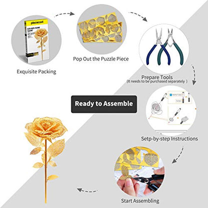 Piececool 3D Metal Puzzles Rose Flower Model Kits, Artificial Flowers Metal Building Blocks DIY 3D Puzzle for Adults, for Father Mothers Valentines Day, 15Pcs Gold - color: Golden