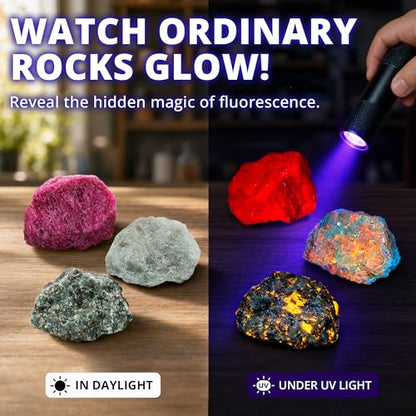 PIBEX Fluorescent Rock Science Kit, 6 Glowing Rocks, with UV Flashlight