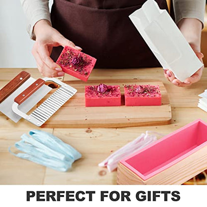 LERYKIN Rectangular Soap Mold Kit with Cutter- 42oz Flexible Silicone Loaf Soap Mold with Wood Box, Stainless Steel Wavy & Straight Scraper for Homemade Craft Soap Making Supplies - color: Pink+Silver - Rectangle