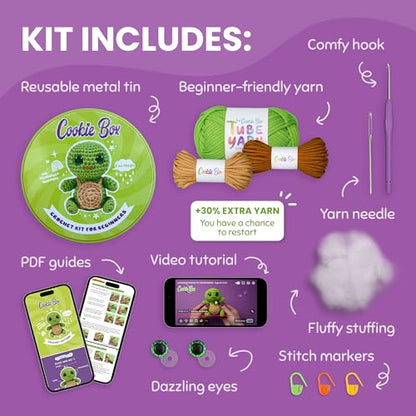 Cookie Box Crochet Kit for Beginners, Turtle Hugo - color: Green