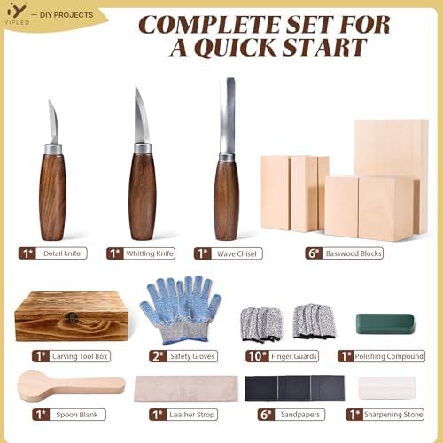 YIPLED Beginners Wood Carving Kit, Whittling Tools, Basswood & Gloves