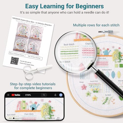 VIVIDOX 4 Sets Embroidery Kit for Beginners Adults, 35 Stitches Practice Kits Cross Stitch for Starter, DIY Hand Craft with Stamped Pattern, Bamboo Hoop, Threads, Needles, Scissors, Tools, Instruction - color: 35 Stitches Practice Kit (with 1 Hoop)