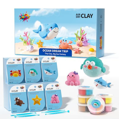 Air Dry Clay for Kids - 6 Ocean Themed Modeling Clay Kit, Model Magic Clay with Sculpting Tools and Tutorials, Ultra Light & Soft, Non-Toxic & Safe, DIY Arts and Crafts School Projects for Kids - color: Ocean