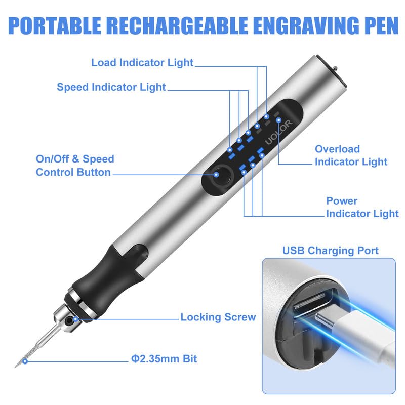 Uolor USB Rechargable Engraving Pen with 42 Bits, Mini Electric DIY Engraver Cordless Rotary Tools Portable Engraving Tool for Jewelry Wood Metal Stone Plastic Glass Etching