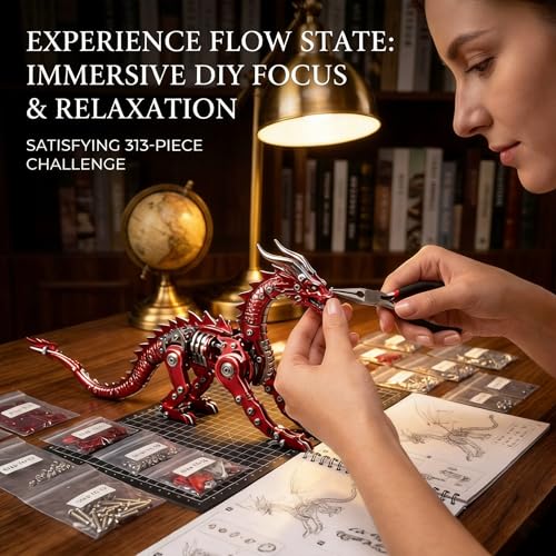 3D Model Kits for Adults,Metal Dragon Puzzle Building Set,Collectible Mechanical Engineering Crafts for Home Office Decoration & Gift（Red）