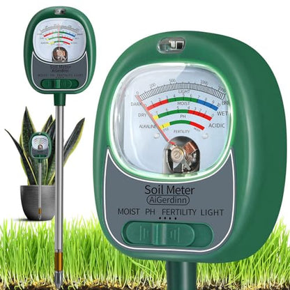 Soil Tester, Soil Moisture Meter/Soil pH Meter/Sun-Light/Fertility for Gardening, Large Dial Soil pH Tester Plant Water Meter for Indoor&Outdoor Garden,Farm Soil Test Kit-DeepGreen