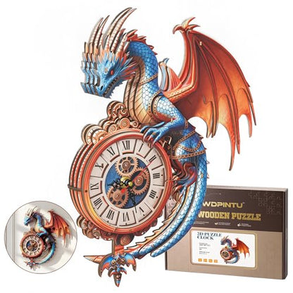 3D Wooden Puzzle Clock - Mythical Dragon Design, DIY Mechanical Pendulum Wall Clock, Collectible Artwork & Unique Gift for Fantasy Lovers - color: Deep Blue