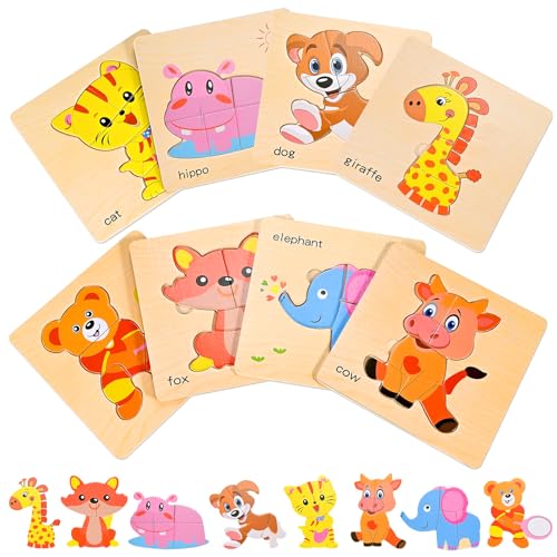 8pcs Wooden Puzzles for Toddlers 2 3 4, Toddler Puzzles Ages 1 2 3 4 - style: Zoo Animals
