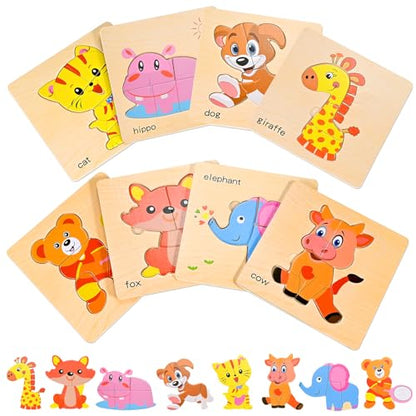 8pcs Wooden Puzzles for Toddlers 2 3 4, Toddler Puzzles Ages 1 2 3 4 - style: Zoo Animals