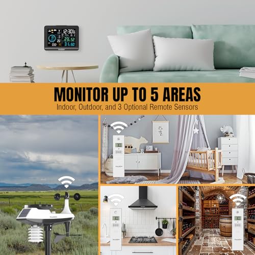 Raddy UV-6 Professional Weather Station with 6" VA Display and Outdoor Sensor, Wireless Indoor Outdoor Temperature & Humidity Monitor, Atomic Clock, UV & Light Index, Wind Speed, Rain Gauge