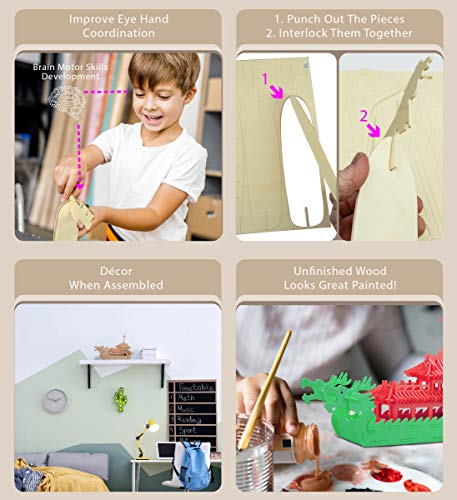 Puzzled 3D Puzzle Dragon Boat Wood Craft Construction Kit, 141 Pieces Pack
