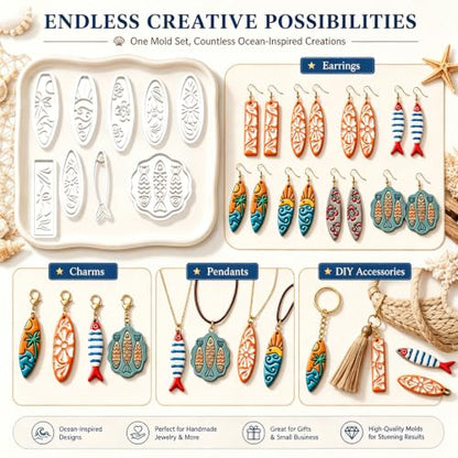 8Pcs Ocean Clay Earring Molds, Fish Flower Wave Polymer Clay Tools. Ocean Fish, Wave & Floral Patterns for Detailed Handmade Earrings and Coastal Clay Jewelry Designs - color: Surfboard