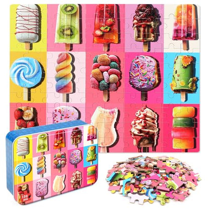 LELEMON Puzzles for Kids Ages 4-6,100 Piece Puzzles for Kids in Metal Box - color: Various Popsicle