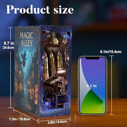 Magic Alley Book Nook Kit - DIY Miniature House Kit for Adults, Teens and Beginners, Magic Miniature Diorama with LED Light, 3D Wooden Puzzle Bookend Bookshelf Insert Decor, Gifts for Fantasy Lovers - style: Magic Alley