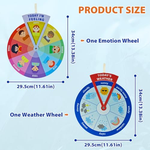 2-in-1 Emotion Wheel & Weather Chart for Kids - Interactive Social Emotional Learning (SEL) & Weather Forecast Preschool Toy, Felt Spinner Set for Classroom & Home (2 Pack) - style: Feeling & Weathers