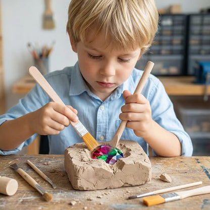 Kids Archaeological Excavation Tools Kit with Wooden Hammer Brush and Chisel - Educational Stem Toy for Rock Digging Pretend Play and Fossil Excavation