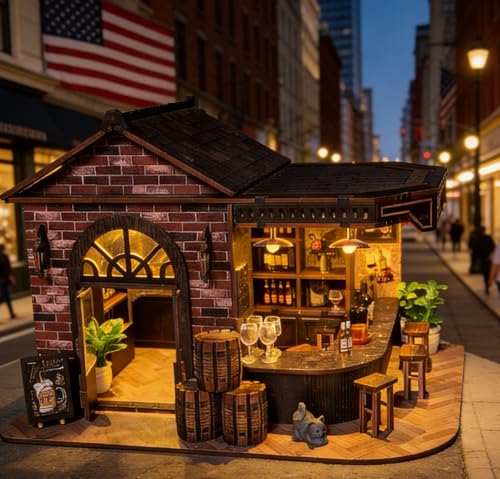 Book Nook Kit, 3D Wooden Miniature Tavern & Pub Dollhouse with LED Lights - DIY Mini House Craft Model for Adults, Birthday Valentine's Day Gift for Women Men - style: Victorian Pub Bar