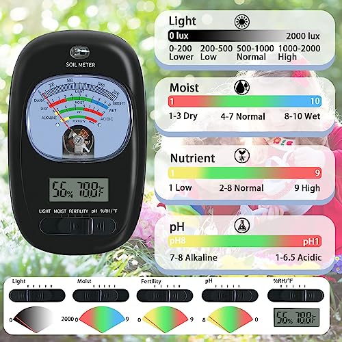 7-in-one Soil Test Kit, Soil Moisture Meter/PH Meter/Sunlight Intensity/Fertility Soil Tester, LCD Display Air & Soil Hygrometer Temperature for Hous Plants Garden, Farm, Lawn Care Moisture Meter - color: Dark NEW
