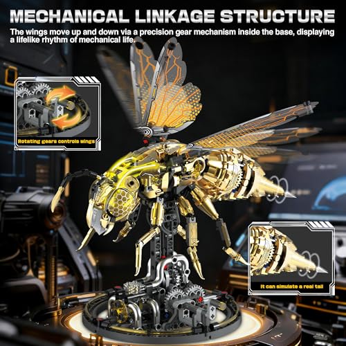 Mechanical Bee Building Set for Adults, Technic Animal Building Block Insect Model with Lights & Moving Wings, Golden Robot Bee Collectible Toy Kit, Creative Display & Gift Idea, 832Pcs