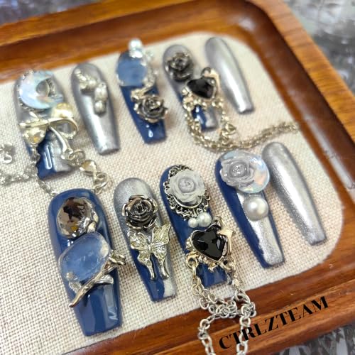 CTRLZTEAM Cyber Gothic Coffin Press on Nails Silver Blue Square Nails - color: Blue Silver, size: M
