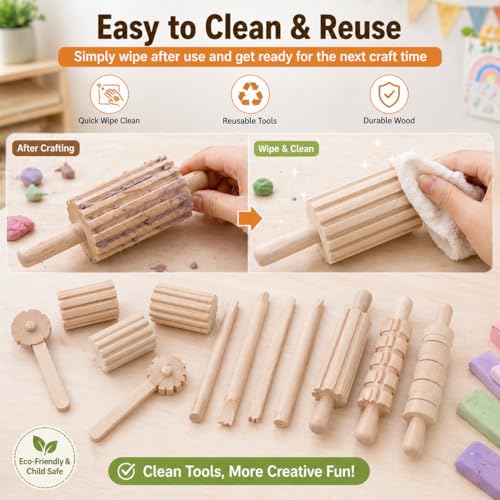 Garneck 12Pcs Wooden Clay Tools Set for Kids: Dough Rolling Modeling Accessories Pottery Sculpting Kit Modeling Accessories for Early Education Art Craft Activity Home School (Pack of 3) - size: 16.50X1.50X1.50CM (Pack of 3)