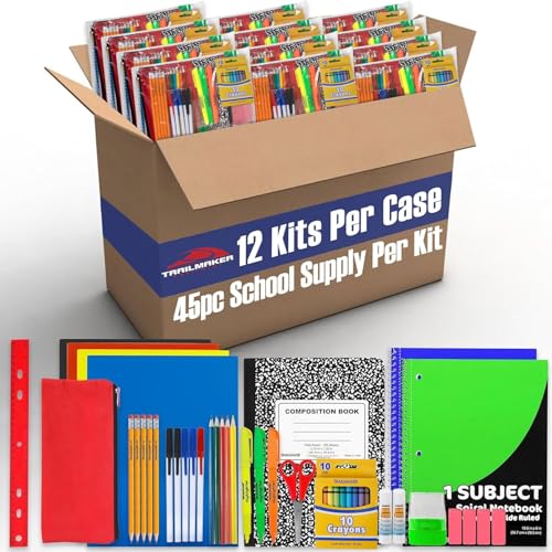 Trail maker 12 Pack Bulk School Supply Kits | 45 Piece Classroom Supply Sets for Elementary & Middle School | Notebooks, Pencils, Crayons & Essentials - size: 12 Kits (45 pieces per Kit)