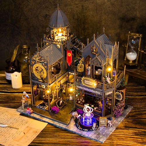 Plustopoy DIY Miniature House Kit: 3D Wooden Puzzle Miniature Kit with LED Lights, Small Tools & Music Box, Tiny House Diorama Building Kit for Adults Teens, Mini Wooden Dollhouse Creative Gift - style: Hhuoluo Magic Castle