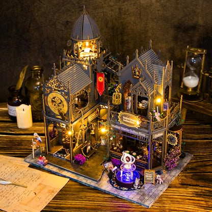 Plustopoy DIY Miniature House Kit: 3D Wooden Puzzle Miniature Kit with LED Lights, Small Tools & Music Box, Tiny House Diorama Building Kit for Adults Teens, Mini Wooden Dollhouse Creative Gift - style: Hhuoluo Magic Castle