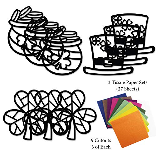 VHALE Suncatchers Craft 3 Sets (9 Cutouts) w Tissue Papers Stained Glass Effect Paper Sun Catcher Kit, Window Art, Classroom Crafts, Creative Art Projects, Kids Party Favors (St. Patrick's Day) - style: St. Patrick's Day