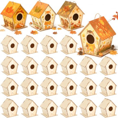 DoubleFill 36 Pack 4.3" Wooden Bird Houses Bulk for Kids with Front Perch
