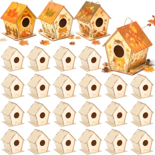DoubleFill 24 Pack 4.3" Wooden Bird Houses Bulk for Kids with Front Perch