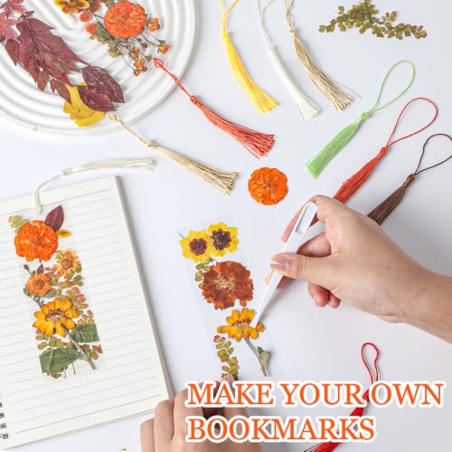 20 Sets Dried Flower Bookmark Making Kit Transparent Bookmark DIY Projects Craft Gift Bulk PET Sticker with Color Tassels and Tweezer for Classroom Activities Reading Award and Book Lovers (Autumn) - style: Autumn