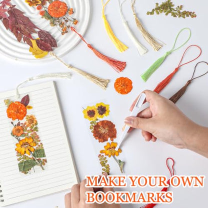 20 Sets Dried Flower Bookmark Making Kit Transparent Bookmark DIY Projects Craft Gift Bulk PET Sticker with Color Tassels and Tweezer for Classroom Activities Reading Award and Book Lovers (Autumn) - style: Autumn