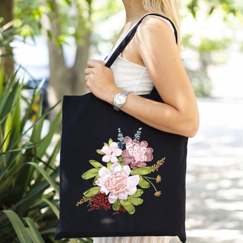 Canvas Tote Bag Silk Ribbon Embroidery Kit for Beginners Arts DIY Crafts Starter Kit Include Stamped Bag Threads Hoop - color: Color #2, Black Bag