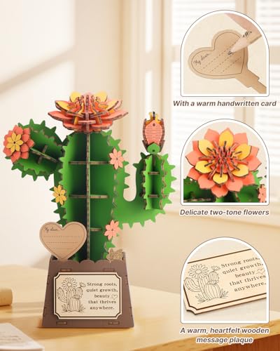3D Puzzles for Adults, Cactus DIY Wooden Flowers Building Kit - style: Cactus