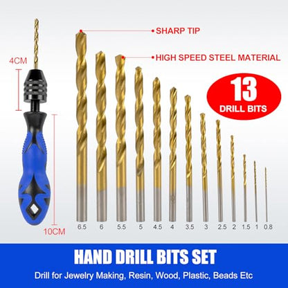 Hand Vise Hand Drill Manual Adjustable Pin Vise 0.8~6.5mm with 13 Pcs Drill Bits HSS Twist Drill Bits Set(0.8mm-6.5mm) for Wood, Jewelry, Plastic, Beads Etc - size: 14 PCS(1Pin Vise+13drill bits)