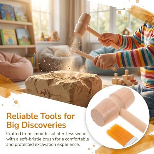 DOITOOL 9 Pcs Wooden Excavation Tools for Kids, Dinosaur Dig Kit with Mini Hammer Chisel Brush Scraper, Stem Science Gemstone Toys