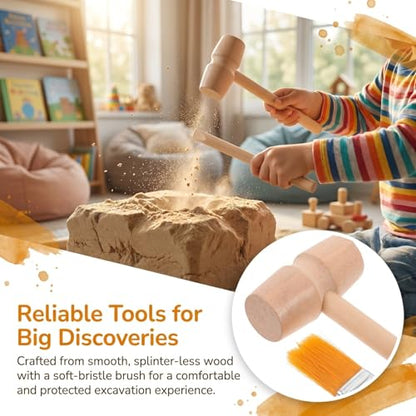 DOITOOL 9 Pcs Wooden Excavation Tools for Kids, Dinosaur Dig Kit with Mini Hammer Chisel Brush Scraper, Stem Science Gemstone Toys