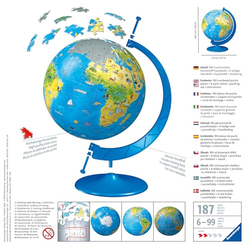 Ravensburger Children's World Globe 180 Piece 3D Jigsaw Puzzle | Easy Click Technology | Displayable Art | Perfect for Kids and Adults | 10.5 in Diameter