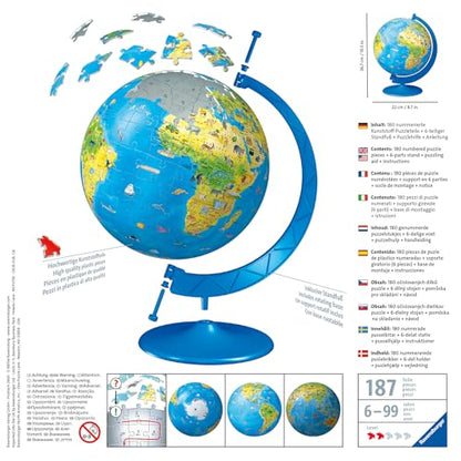 Ravensburger Children's World Globe 180 Piece 3D Jigsaw Puzzle | Easy Click Technology | Displayable Art | Perfect for Kids and Adults | 10.5 in Diameter