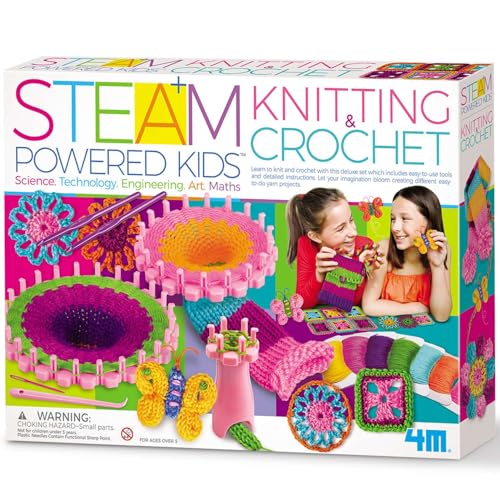 4M Knitting & Crochet Kit for Kids Ages 8-12 – Learn to Knit with French Knitting Reel, Crochet Hooks, Yarn, Scarf & Handbag Projects, Beginner Craft Set for Girls and Boys, STEM Arts & Crafts Gift - style: Knitting & Crochet
