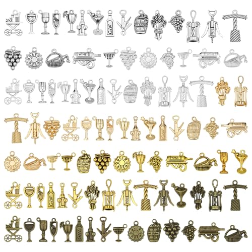 100Pcs Wine Charms for Jewelry Making，Alloy Metal Wine Themed Charms Mixed Grape Cocktail Shape Pendant for Bracelets DIY Craft Gifts
